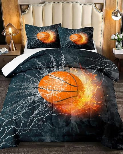 Basketball Comforter Set Queen, Sports Basketball Bedding 3 Pieces(1 Basketball Comforter 2 Pillowcases) Ice Flame Basketball Comforter Set Sport Microfiber Bedding Set for Boy Kids - LeafyLoom