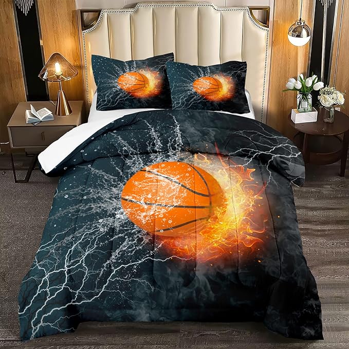 Basketball Comforter Set Queen, Sports Basketball Bedding 3 Pieces(1 Basketball Comforter 2 Pillowcases) Ice Flame Basketball Comforter Set Sport Microfiber Bedding Set for Boy Kids - LeafyLoom