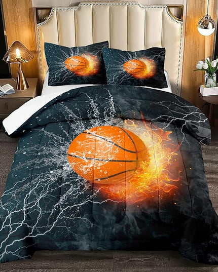 Basketball Comforter Set Full Size, Sports Basketball Bedding Boys Comforter Sets for Bedroom Fire Ice Basketball Theme Room Decor for Teen Boys, 1 Comforter 2 Pillowcase - LeafyLoom