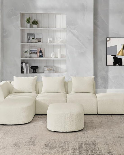 113" L-Shape Sectional Side Chaise and Ottoman, Modular Sofa, DIY Combination, Loop Yarn Fabric for Living Room, Apartment, 113inch, Beige Left - LeafyLoom