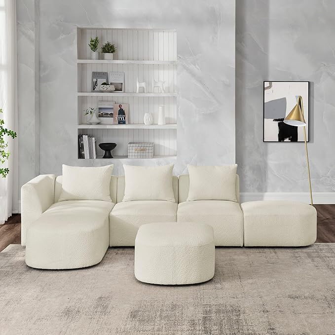 113" L-Shape Sectional Side Chaise and Ottoman, Modular Sofa, DIY Combination, Loop Yarn Fabric for Living Room, Apartment, 113inch, Beige Left - LeafyLoom