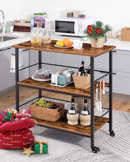 Kitchen Island with Storage,Industrial Kitchen Counter with Hooks and Side Enclosures, 3 Tier Kitchen Cart with Large Workstation, Saving Space, Easy Assembly, Rustic Brown and Black BF03ZD01 - LeafyLoom