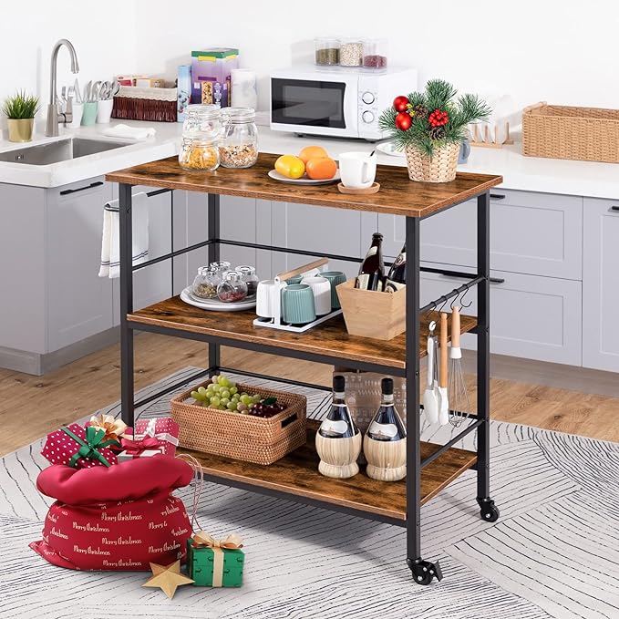 Kitchen Island with Storage,Industrial Kitchen Counter with Hooks and Side Enclosures, 3 Tier Kitchen Cart with Large Workstation, Saving Space, Easy Assembly, Rustic Brown and Black BF03ZD01 - LeafyLoom