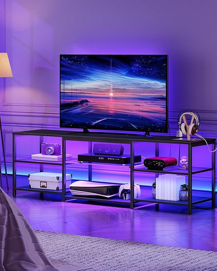 HOOBRO LED TV Stand for 75 Inch TVs with Charging Station, Gaming Entertainment Center with 3-Tier Open Storage, Long 63” Media TV Console Table, TV Stand for Living Room, Bedroom, Black BB21UDDS01 - LeafyLoom