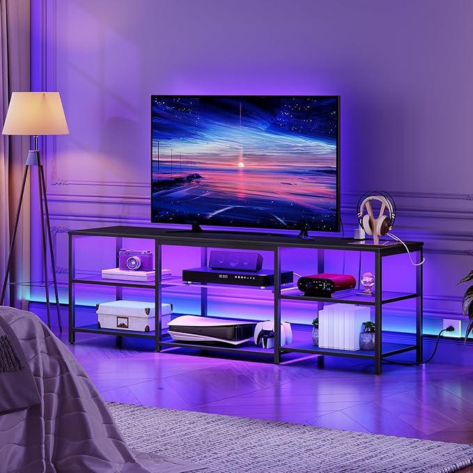 HOOBRO LED TV Stand for 75 Inch TVs with Charging Station, Gaming Entertainment Center with 3-Tier Open Storage, Long 63” Media TV Console Table, TV Stand for Living Room, Bedroom, Black BB21UDDS01 - LeafyLoom