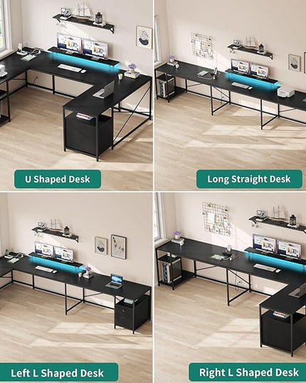 YITAHOME U Shaped Desk with Power Outlets & LED Lights, 79" Reversible L Shaped Desk with Drawers, Corner Computer Desk Office Desk with Monitor Stand & Storage Shelves, Black - LeafyLoom