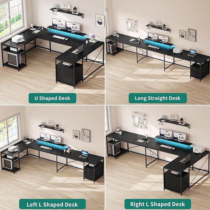 YITAHOME U Shaped Desk with Power Outlets & LED Lights, 79" Reversible L Shaped Desk with Drawers, Corner Computer Desk Office Desk with Monitor Stand & Storage Shelves, Black - LeafyLoom