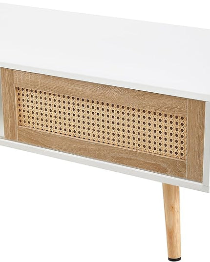 41.34" Mid Century Modern Coffee Table with Storage, Rectangle Wooden Accent Center Sofa Table with Sliding PE Rattan Woven Door Panel and Solid Wood Legs, Suitable for Living Room, Apartment - LeafyLoom