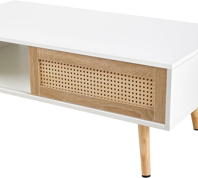 41.34" Mid Century Modern Coffee Table with Storage, Rectangle Wooden Accent Center Sofa Table with Sliding PE Rattan Woven Door Panel and Solid Wood Legs, Suitable for Living Room, Apartment - LeafyLoom