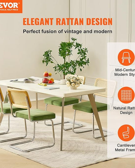 VEVOR Rattan Dining Chairs Set of 4, Mid Century Modern Dining Chair, Upholstered Velvet Accent Chair with Rattan Back, Retro Dining Room Kitchen Chair for Living Room, Bedroom, Office (18.1 Inch) - LeafyLoom