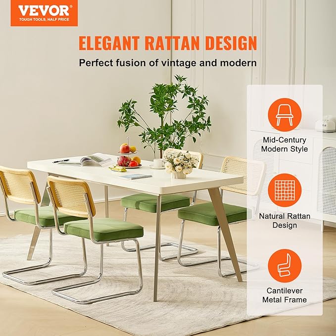 VEVOR Rattan Dining Chairs Set of 4, Mid Century Modern Dining Chair, Upholstered Velvet Accent Chair with Rattan Back, Retro Dining Room Kitchen Chair for Living Room, Bedroom, Office (18.1 Inch) - LeafyLoom