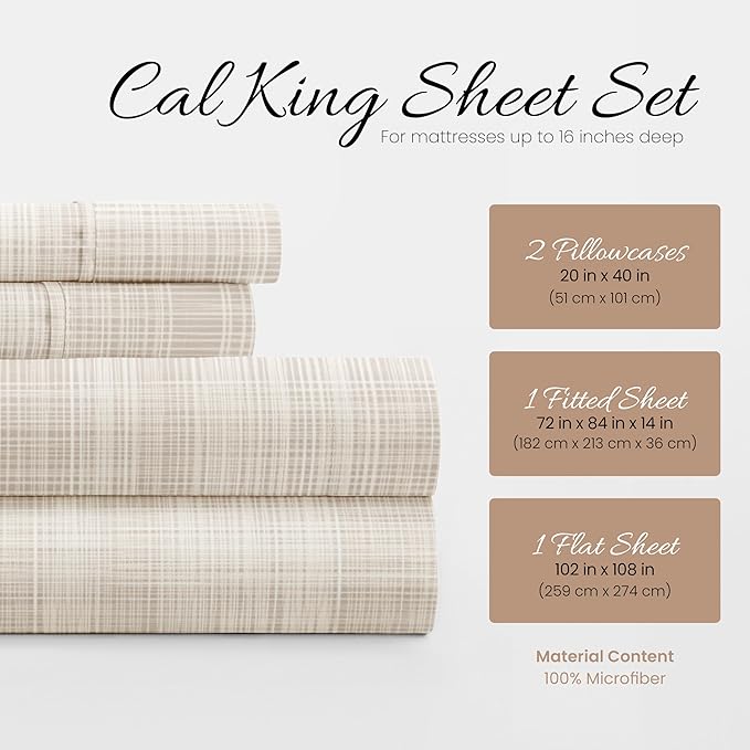4 Piece California King Bedding Sheets Set (Ray Thatch) - Sleep Better Than Ever with These Ultra-Soft & Cooling Bed Sheets for Your Cal King Size Bed - Deep Pocket Fits 16" Mattress - LeafyLoom