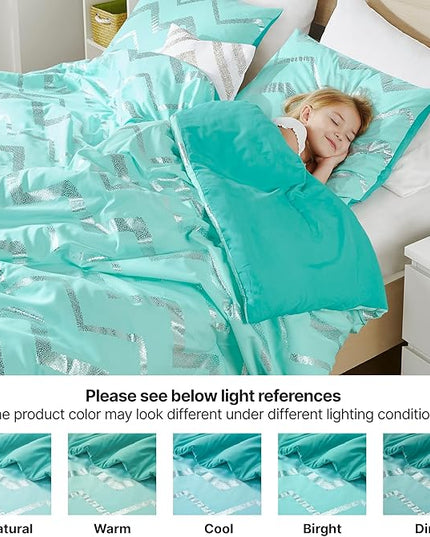 Codi Metallic Teal and Silver Comforter Set, Full/Queen Size, Cute Aqua Turquoise Bedding Sets, 4 Piece (2 Matching Sham + 1 Decorative Pillow) - LeafyLoom