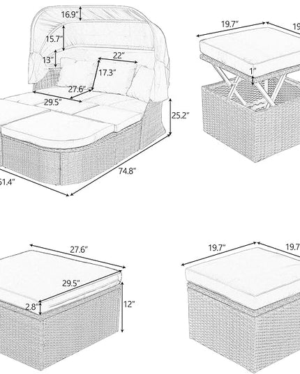 Rectangle Furniture Daybed Sunbed with Retractable Canopy, Outdoor Wicker Conversation Set with Cushions for Patio, Backyard, Porch, Garden, Hc-Gray - LeafyLoom