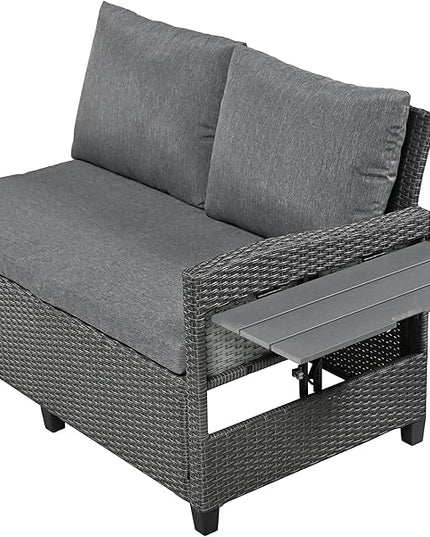 5 Piece Outdoor Furniture Patio Conversation with Dining Table&Bench, Sectional PE Wicker L-Shaped Sofa w/2 Extendable SideTable&Cushions&Washable Covers, Garden Rattan Couch, Gray - LeafyLoom
