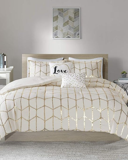 Intelligent Design, Soft Microfiber Comforter Modern Geometric Metallic Bed Set, King/Cal King, Ivory/Gold - LeafyLoom