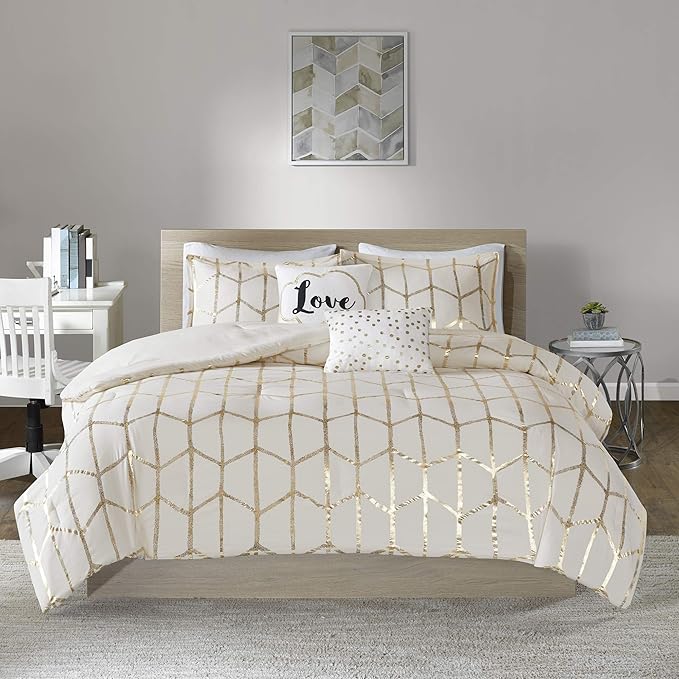 Intelligent Design Raina Full / Queen Comforter Set, Soft Microfiber Comforter Set Queen, Modern Geometric Metallic Bed Set, 5 Pieces College Bedding Comforter Set with 2 Shams, 2 Toss Pillows Ivory - LeafyLoom