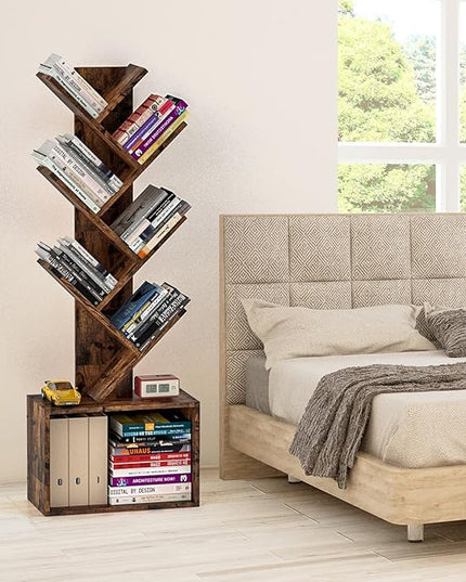6 Tier Tree Bookshelf, Sturdy Retro Floor Standing Wood Bookcase, Storage Rack for Home Office, Living Room, Bedroom, Reading Spot, Heavy Book Organizer Shelves for CDs/DVDs/Movies - LeafyLoom