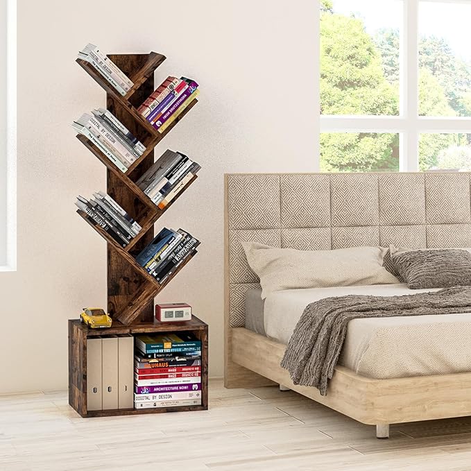 6 Tier Tree Bookshelf, Sturdy Retro Floor Standing Wood Bookcase, Storage Rack for Home Office, Living Room, Bedroom, Reading Spot, Heavy Book Organizer Shelves for CDs/DVDs/Movies - LeafyLoom