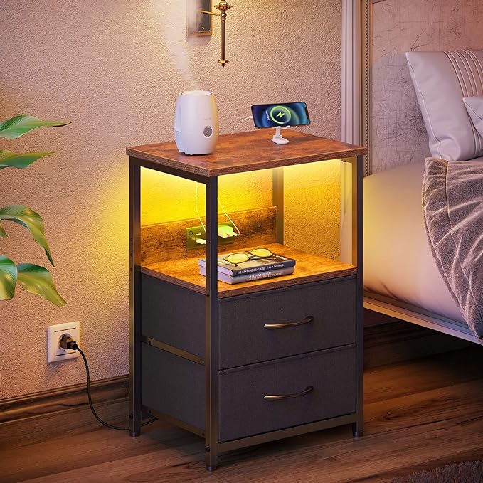 Seventable Nightstand set of 2 with Charging Station, Bedside table with LED Lights, Night stand with 2 Fabric Drawers, 3-Tier Storage End Table for Bedroom, Rustic Brown - LeafyLoom