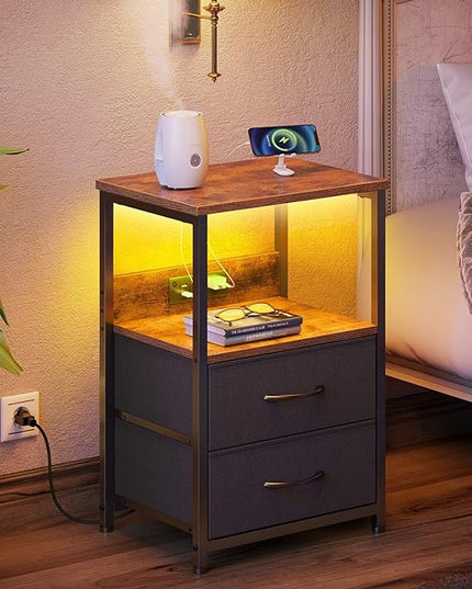 Seventable Nightstand with Charging Station, Bedside table with LED Lights, Night stand with 2 Fabric Drawers, 3-Tier Storage End Table for Bedroom, Rustic Brown - LeafyLoom