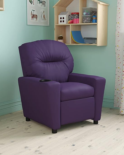 Flash Furniture Chandler Vinyl Kids Recliner with Cup Holder and Safety Recline, Contemporary Reclining Chair for Kids, Supports up to 90 lbs., Purple - LeafyLoom