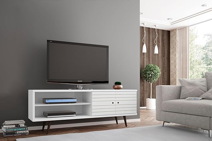 Manhattan Comfort Liberty Mid Century Modern TV Stand for Televisions up to 60 Inches, Bedroom and Living Room Entertainment Center with Storage, Shelves, and Cabinet, 63" Wide, White - LeafyLoom