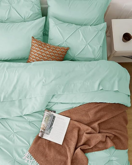 Bedsure Twin XL Comforter Set - Extra Long 5 Pieces Dorm Room Essentials, Pinch Pleat Mint Green Bed in a Bag with Comforter, Sheets, Pillowcase & Sham, Kids Bedding Set - LeafyLoom