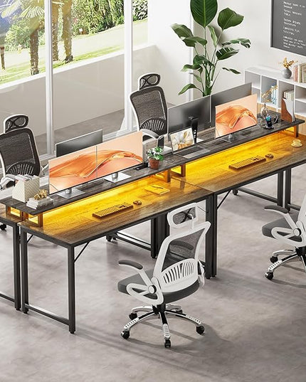 Computer Desk with USB Power Outlets and LED Lights, 55 inch Gaming desk with Monitor Stand for Small Space Home Office, Modern Simple Study Writing Table PC Desks, Black Oak - LeafyLoom