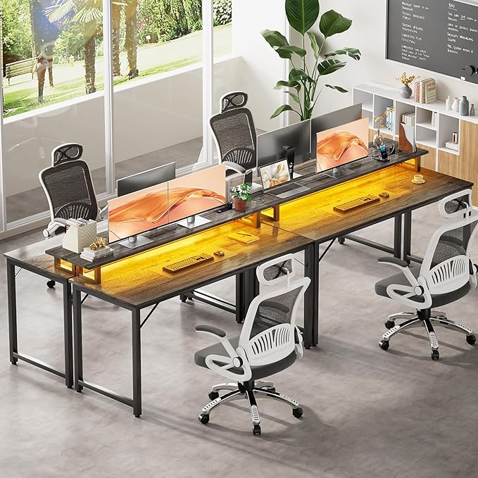 Computer Desk with USB Power Outlets and LED Lights, 55 inch Gaming desk with Monitor Stand for Small Space Home Office, Modern Simple Study Writing Table PC Desks, Black Oak - LeafyLoom