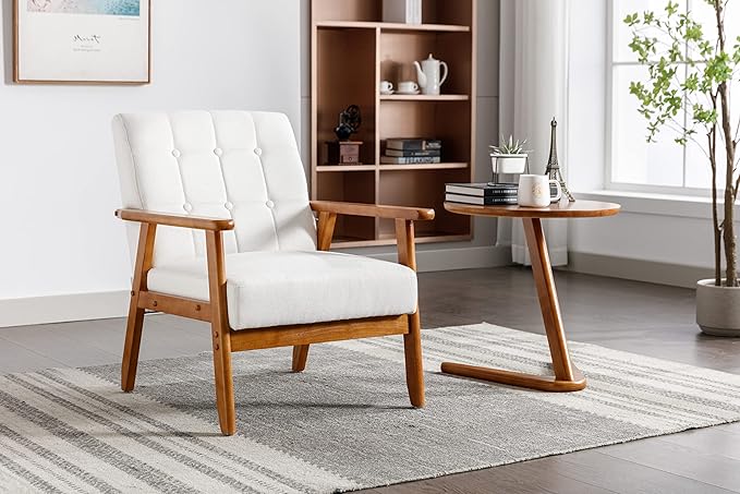 Mid-Century Accent, Modern Single Armchair, Upholstered Leisure Lounge Chair wth Solid Wood Armrest and Feet for Living Room, Bedroom, Office, Beige - LeafyLoom