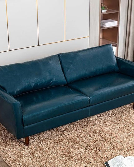 Dreamsir 80'' Faux Leather Sofa Couch, Mid-Century Modern Couch with Solid Wooden Frame & Padded Cushions, 3-Seater Couch for Living Room, Apartment, Lounge Room (Peacock Blue) - LeafyLoom