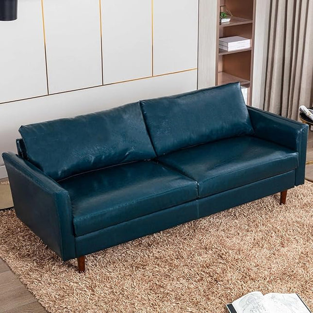 Dreamsir 80'' Faux Leather Sofa Couch, Mid-Century Modern Couch with Solid Wooden Frame & Padded Cushions, 3-Seater Couch for Living Room, Apartment, Lounge Room (Peacock Blue) - LeafyLoom