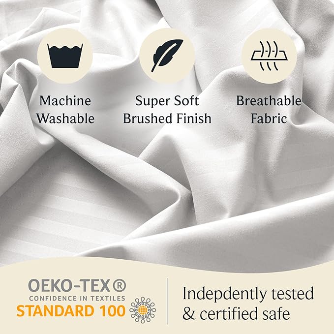 LuxClub 7 PC Split King Size Sheet Set Bed Sheets, Breathable Luxury Bed Sheets, Deep Pockets 18" Wrinkle Free Cooling Bed Sheets Machine Washable Hotel Bedding (Split King, Striped White) - LeafyLoom