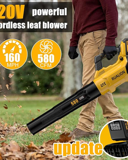 Leaf Blower Cordless, Electric Leaf Blowers Up to 580 CFM 160 MPH, Battery Powered Blowers for Lawn Care, Patio, Garage(2 * 20V 3.0 Ah Batteries and Charger included) - LeafyLoom