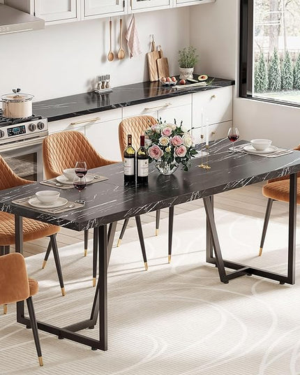 DWVO 82.6'' Large Modern Dining Table for 8-10 People, Rectangular Black Kitchen Dining Room Table with Faux Marble Tabletop and Geometric Metal Legs, Wood Dinner Tables for Family Gathering - LeafyLoom