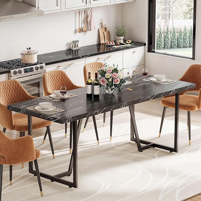 DWVO 82.6'' Large Modern Dining Table for 8-10 People, Rectangular Black Kitchen Dining Room Table with Faux Marble Tabletop and Geometric Metal Legs, Wood Dinner Tables for Family Gathering - LeafyLoom