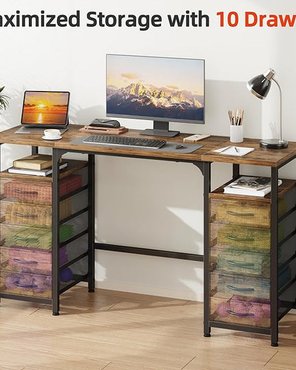 Desk with 10 Fabric Drawers Classified Organizer - 55"/140 Office Desks with Ample Storage, Computer Work Desk Study Writing Table Workstation for Home Office Space Brown - LeafyLoom