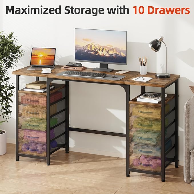 Desk with 10 Fabric Drawers Classified Organizer - 55"/140 Office Desks with Ample Storage, Computer Work Desk Study Writing Table Workstation for Home Office Space Brown - LeafyLoom