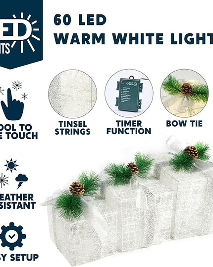 Joiedomi Christmas Lighted Gift Boxes, Christmas Decorations Set of 3, Light up Present Boxes, 60 LED Warm White Lights for Indoor Holiday Décor, Christmas Eve Night Décor Joiedomi