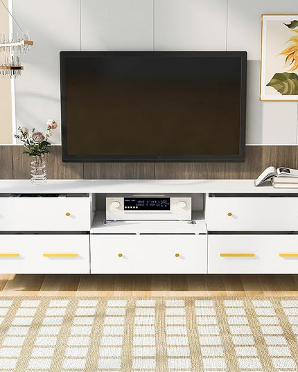 Modern Stand 75+ Inch, Entertainment Center Televisions Media Table with Open Shelf, 5 Drawers with Large Storage Space, TV Consoles Cabinet Furniture for Living Room, White - LeafyLoom