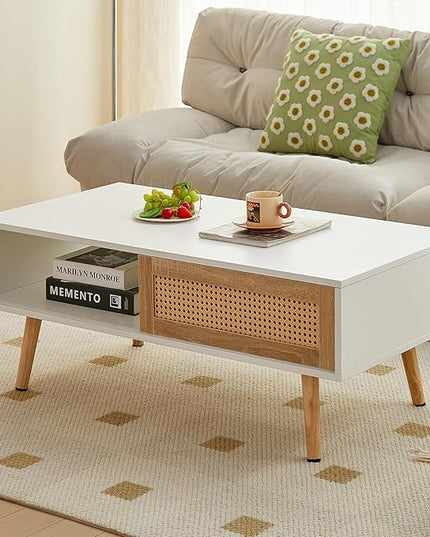 Brafab Rattan Coffee Storage Rectangle Accent Center Sofa Table with Sliding Door Panel Solid Wood Legs for Living Room, 41.34" L x 21.65" W x 16.34" H, White - LeafyLoom