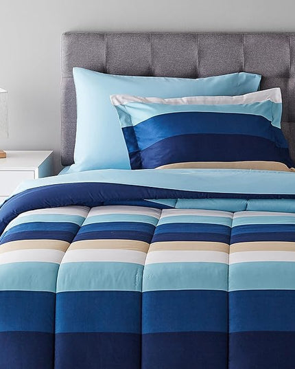 Amazon Basics Lightweight Microfiber Bed-in-a-Bag Comforter 5-Piece Bedding Set, Twin/Twin XL, Blue Stripe, Striped - LeafyLoom