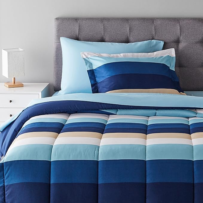 Amazon Basics Lightweight Microfiber Bed-in-a-Bag Comforter 5-Piece Bedding Set, Twin/Twin XL, Blue Stripe, Striped - LeafyLoom
