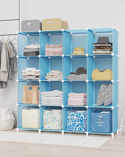 HOMIDEC Cube Storage Organizer 16-Cube Storage Shelf, Closet Organizer for Garment Racks, Closet Organizers and Storage with Metal Hammer, Bookshelf for Kids, (48.4 L x 12.2 W x 48.4 H Inches) - LeafyLoom