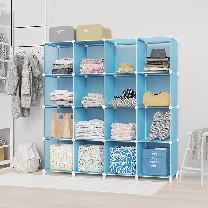 HOMIDEC Cube Storage Organizer 16-Cube Storage Shelf, Closet Organizer for Garment Racks, Closet Organizers and Storage with Metal Hammer, Bookshelf for Kids, (48.4 L x 12.2 W x 48.4 H Inches) - LeafyLoom