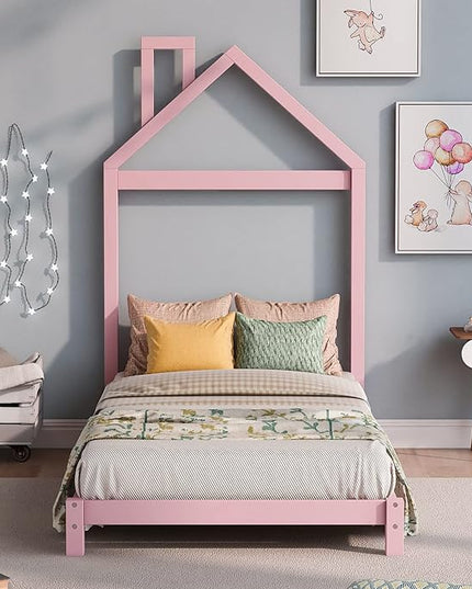 Jintop Twin Size Wood Platform Chimney and House-Shaped Headboard,Bedroom Furniture Bed Frame W/ 10 Slat Support,Easy to Install,for Teens Kids Girls Boys,Pink - LeafyLoom