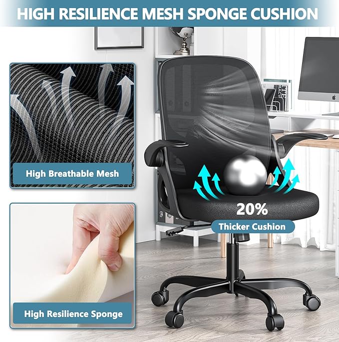 Office Desk Chair with Lumbar Support Ergonomic Mesh Office Chair with Wheels and Flip-up Armrests Adjustable Height Swivel Computer Chair for Home and Office (Black) - LeafyLoom