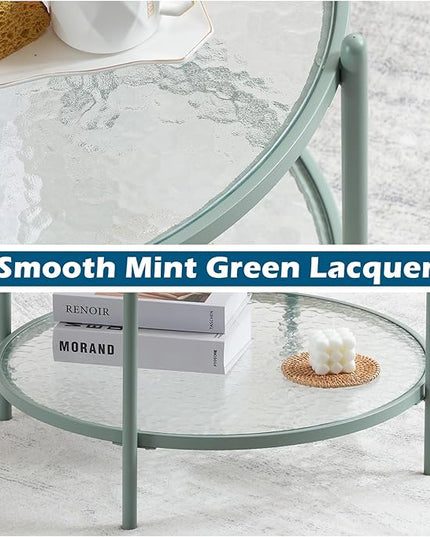 VINGLI 25.6" Small Light Bright Green Round Coffee Table Water-Wave Glass Circle Clear Center Coffee Table with 2-Tier Modern Storage Design for Living Room, Bedroom, Meeting Room, Balcony, Patio - LeafyLoom