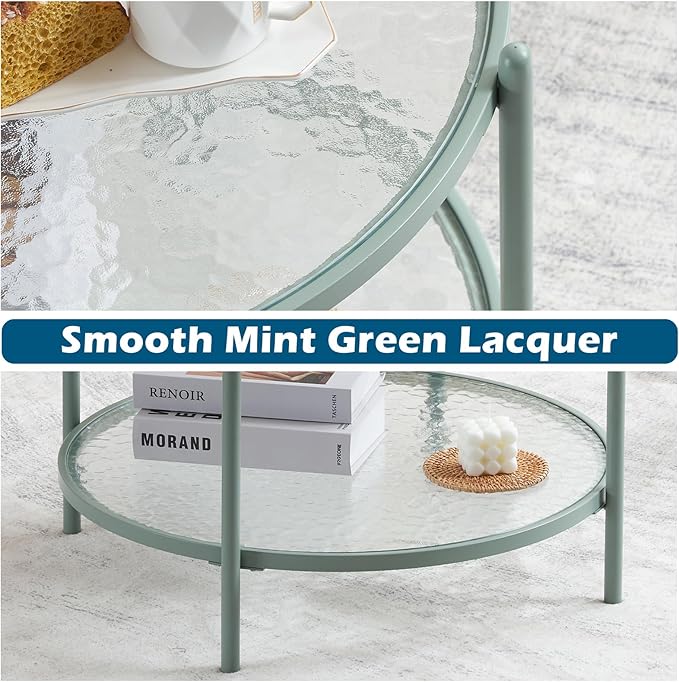 VINGLI 25.6" Small Light Bright Green Round Coffee Table Water-Wave Glass Circle Clear Center Coffee Table with 2-Tier Modern Storage Design for Living Room, Bedroom, Meeting Room, Balcony, Patio - LeafyLoom